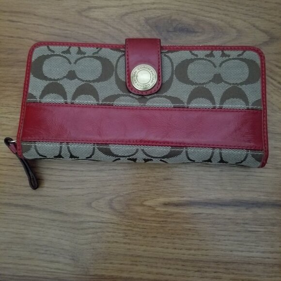 Authentic Coach Legacy Brown & Cherry Red Signature Wallet - Picture 1 of 5